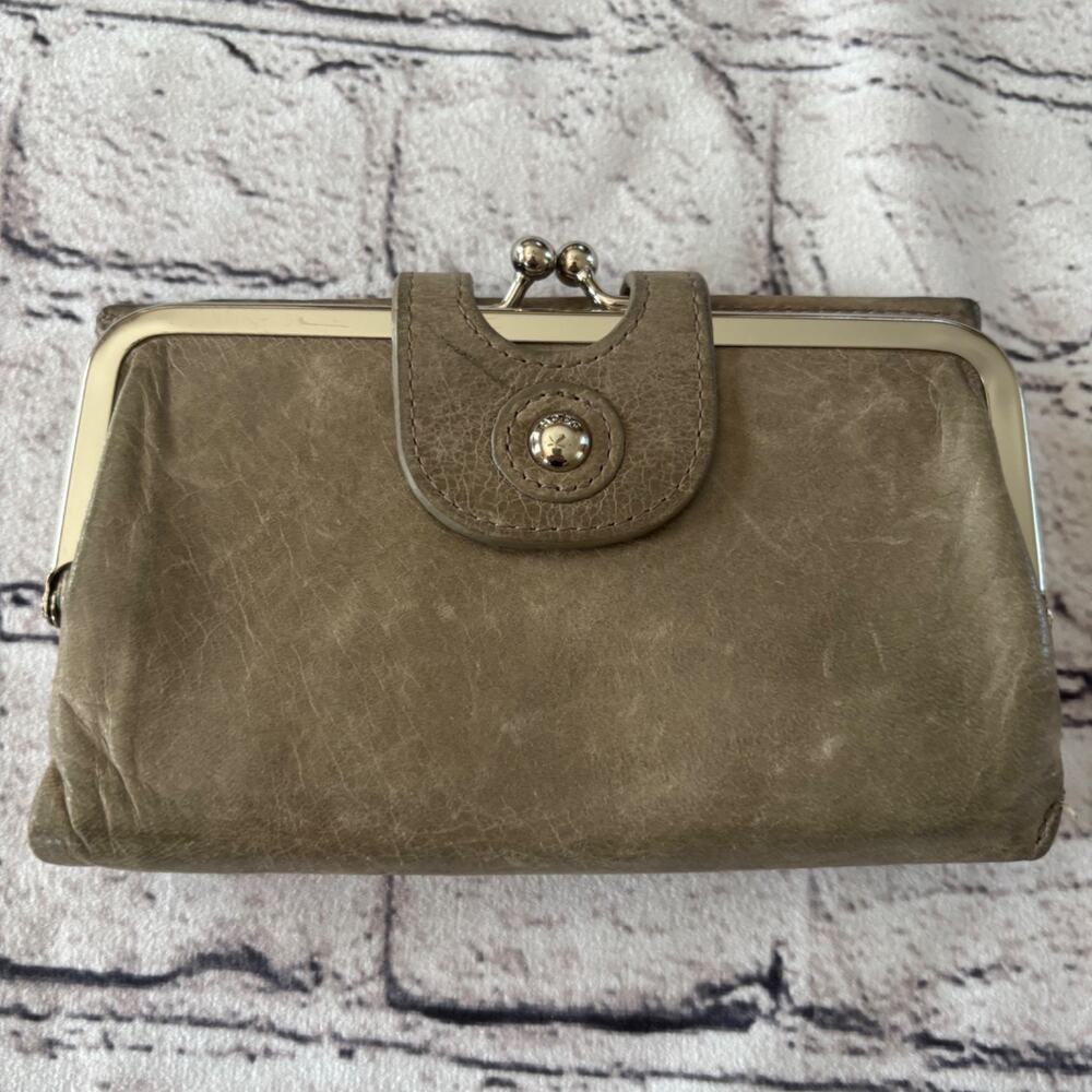HOBO Leather Gray Wallet Tri Fold Snap Change Card Slots Boho Floral Interior